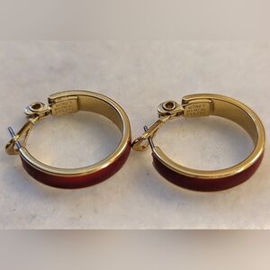 ♥️ Monet Vintage Signed Red Enamel Gold tone Hoops Pat. Pen. 249.252